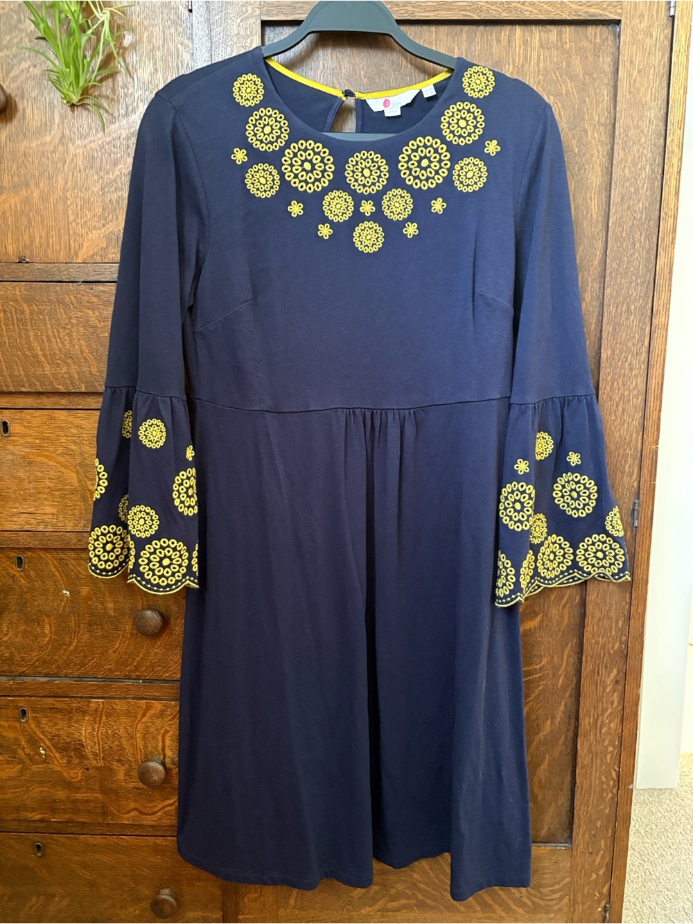 Boden Navy Midi Dress with Yellow Embroidered Medallions